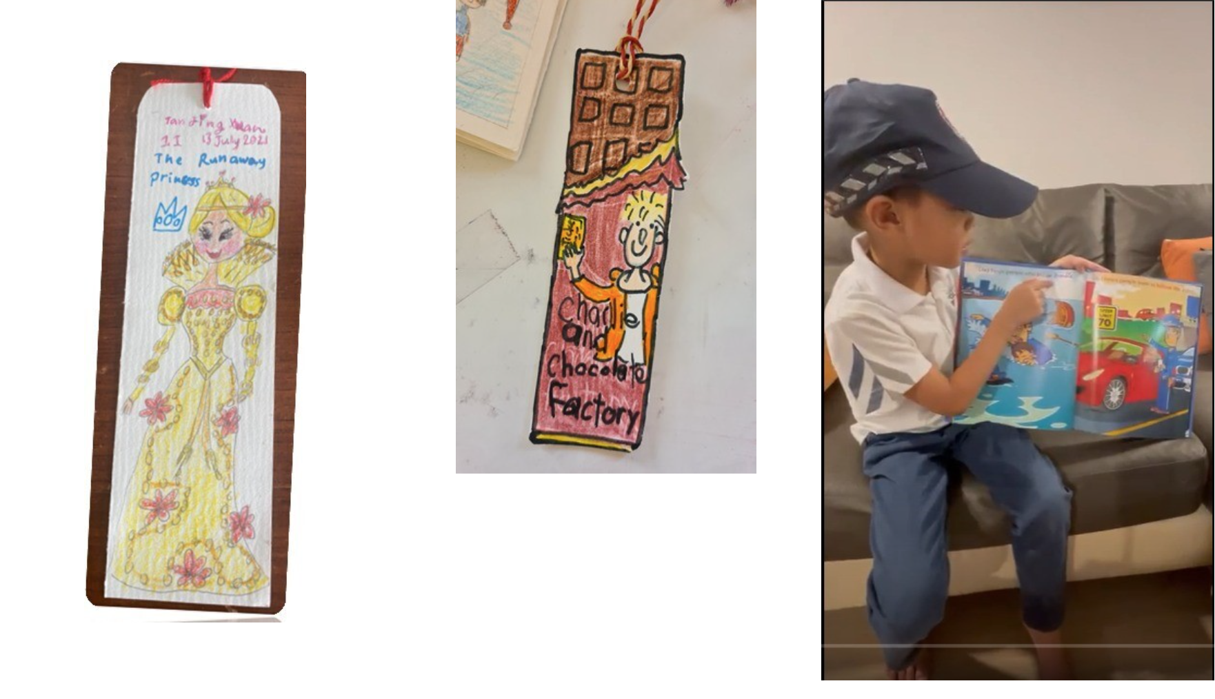 Bookmarks made by students. Student dresses up as his favourite character.